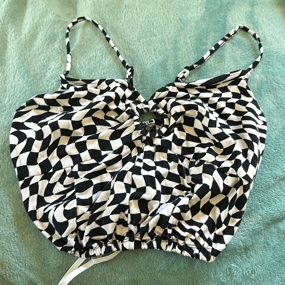 Checker pattern crop top, buttons in back and adjustable elastic